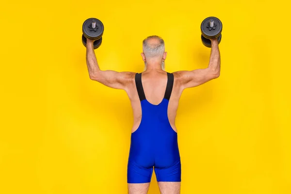 Rear Photo Sporty Aged Person Hands Press Lift Dumbbells Isolated — Zdjęcie stockowe