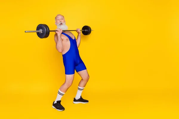 Full Length Portrait Sportive Charismatic Aged Man Press Lifting Barbell — Stock Photo, Image