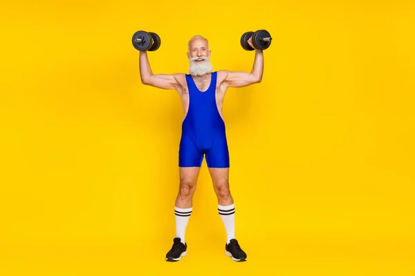 Full Length Photo Senior Sporty Professional Trainer Muscular Arm Raise — Stockfoto