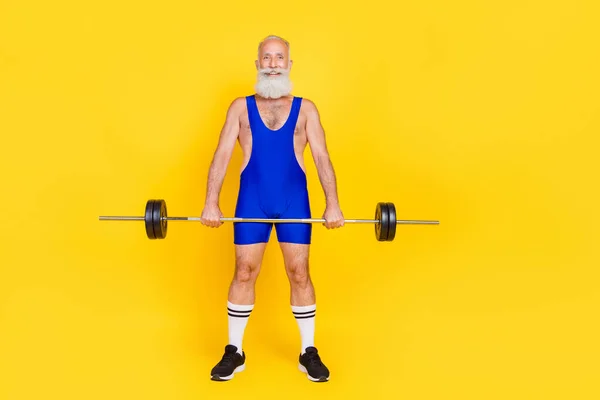 Photo Positive Sportive Retired Guy Wear Blue Overall Pumping Arms — Stok fotoğraf