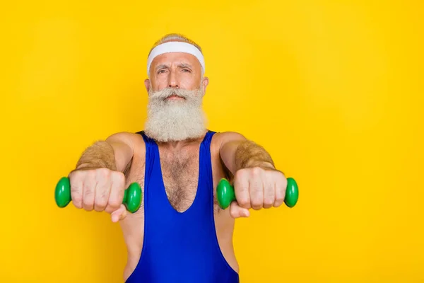 Photo Cool Handsome Man Pensioner Dressed Blue Overall Pumping Hands — Stockfoto
