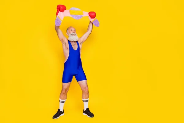 Full Size Portrait Cheerful Funky Grandfather Arms Boxing Gloves Hold — Stok fotoğraf