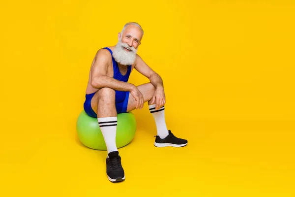 Full Body Photo Positive Sportive Person Sitting Fit Ball Enjoy — Stok fotoğraf