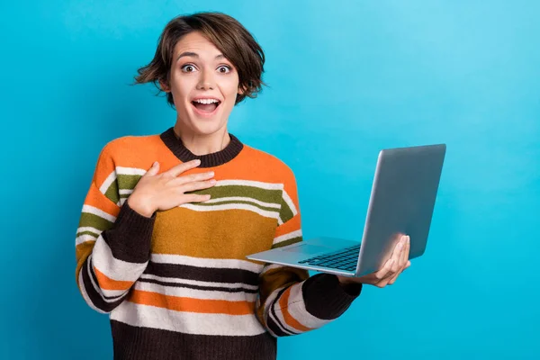 Photo Excited Cheerful Lady Wear Striped Sweater Writing Email Modern — Zdjęcie stockowe
