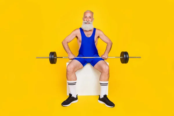 Full Body Length Photo Old Gray Mustache Beard Senior Sitting —  Fotos de Stock