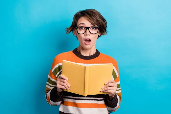 Photo Funky Shocked Lady Wear Striped Sweater Spectacles Reading Scary — Stockfoto