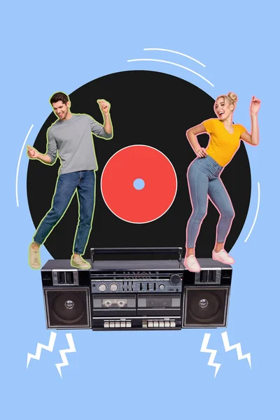 Collage Photo Young Couple People Boyfriend Dance Vintage Cassette Recorder — Stockfoto
