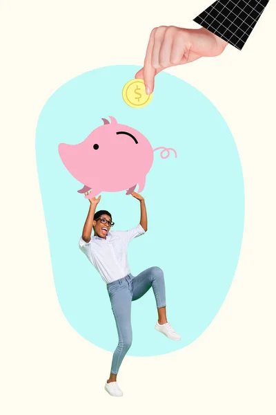 Vertical Collage Young Investor Business Lady Entrepreneur Hold Piggy Bank — Foto Stock