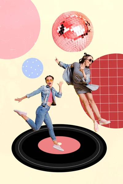 Vertical Collage Photo Young Best Friends Girls Dancing Jumping Excited — 스톡 사진