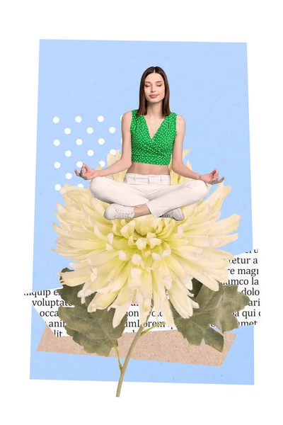 Vertical photo collage of young relaxed woman menstruation periods fingers together sit beautiful gerber meditate isolated on drawing background.