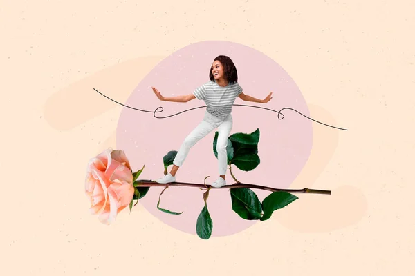 Collage Portrait Excited Carefree Girl Stand Flying Big Rose Flower — 스톡 사진