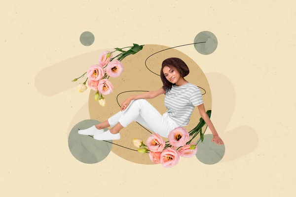 Composite Collage Picture Mini Lovely Girl Sitting Big Rose Flowers — Stockfoto