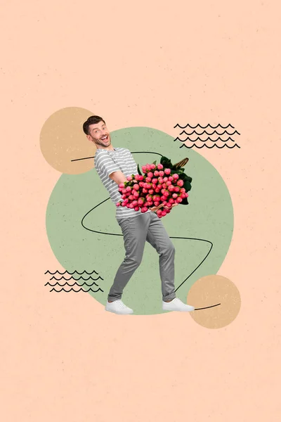 Vertical Collage Image Excited Positive Guy Arms Hold Huge Tulips — Foto de Stock