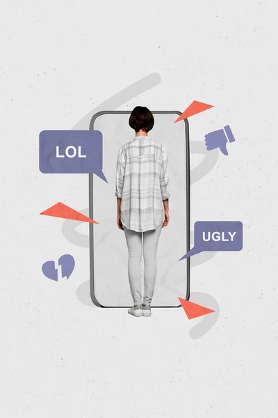 Artwork Magazine Collage Picture Unhappy Lady Getting Bad Comments Instagram — Fotografia de Stock
