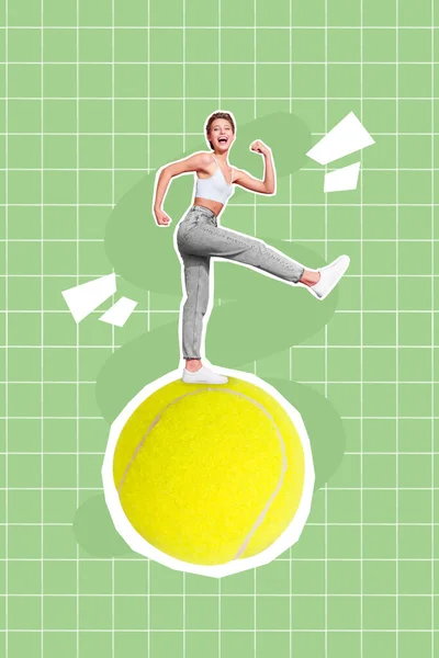 Collage 3d image of pinup pop retro sketch of smiling excited lady walking big tennis ball isolated painting background.