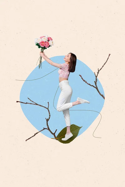 Photo Collage Artwork Minimal Picture Happy Charming Rising Flower Bouquet — Fotografia de Stock