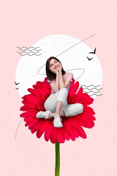 Collage Artwork Graphics Picture Dreamy Funny Lady Sitting Red Flower —  Fotos de Stock