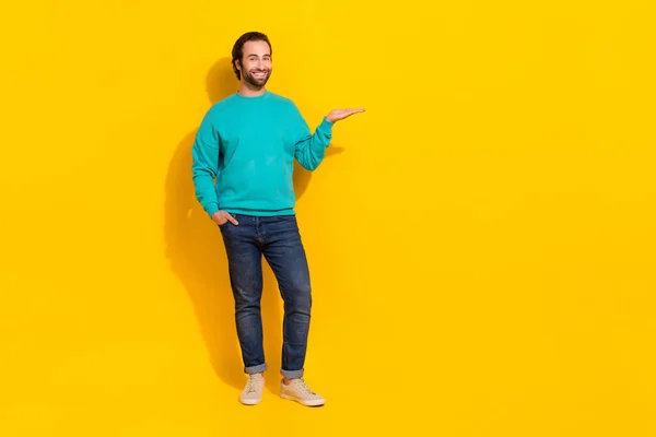 Full Length Photo Positive Good Mood Guy Dressed Teal Outfit — Stockfoto