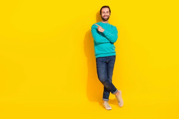 Full Length Photo Cheerful Positive Guy Dressed Teal Outfit Pointing — Stok fotoğraf