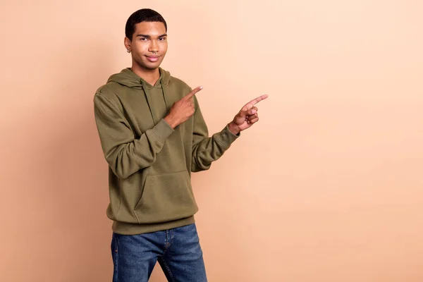 Photo Student Guy Young Man Wear Khaki Sportswear Hoodie Direct — Foto de Stock