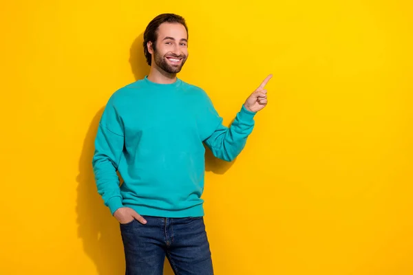 Photo Brunet Hair Smiling Man Wear Jumper Put Hand Pocket — Stockfoto