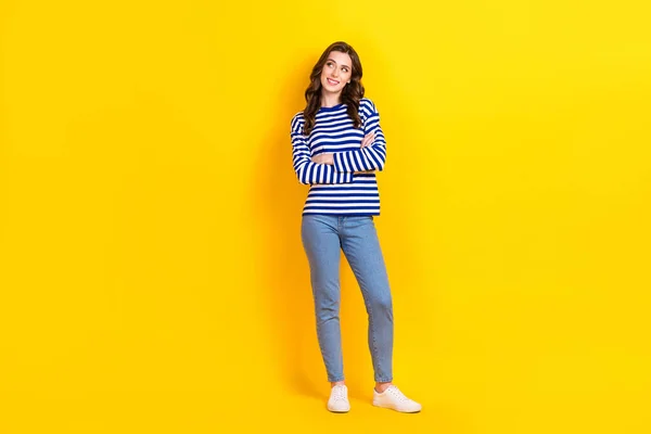 Full Body Photo Pretty Young Girl Folded Arms Look Empty — Stock Photo, Image