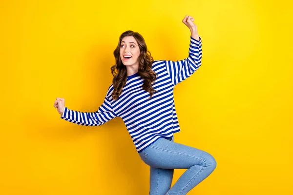 Photo Young Excited Woman Overjoyed Fists Celebrate Wear Striped Pullover — Foto de Stock