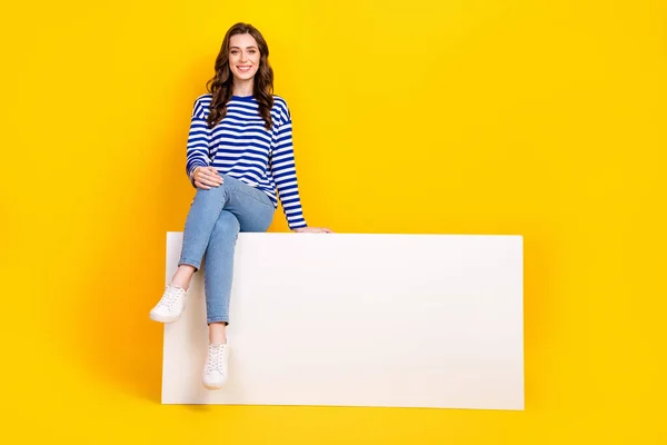 Full Length Photo Cheerful Pretty Person Sitting Huge Empty Space — Foto de Stock