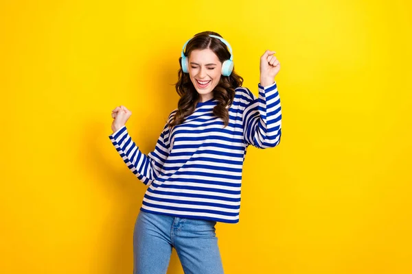 Photo Funky Cool Young Lady Wear Striped Shirt Listening Music — Stockfoto