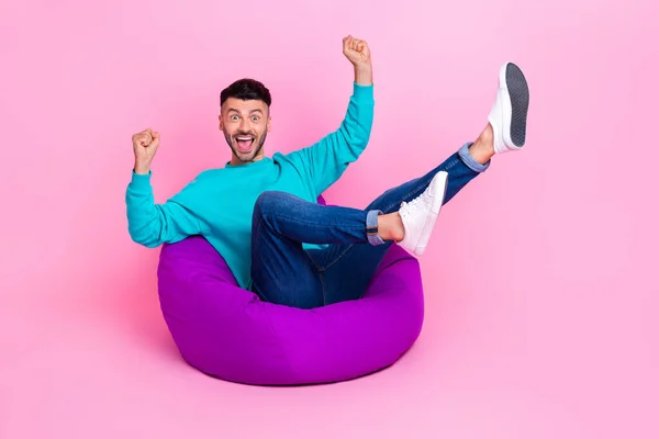 Full Length Photo Young Nice Guy Sitting Bean Bag Excited — Stockfoto