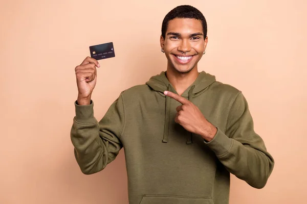 Photo Young Positive Businessman Wear Khaki Jumper Direct Finger Absolutely — Stock Photo, Image