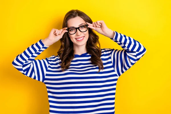 Photo Positive Cheerful Smile Lady Wear Striped Blue Shirt Touch — Stockfoto