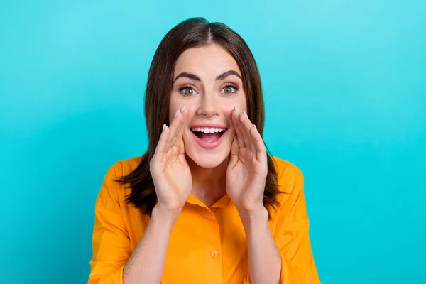 Photo Cute Excited Lady Wear Orange Shirt Arms Lips Making — Stock Fotó