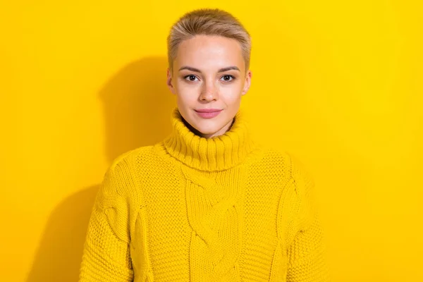 Portrait Young Blonde Short Hairstyle Woman Wear Orange Stylish Knitted — Stock Photo, Image