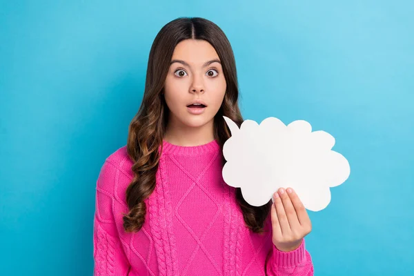 Photo of impressed funky lady wear pink sweater holding talking cloud empty space isolated blue color background.