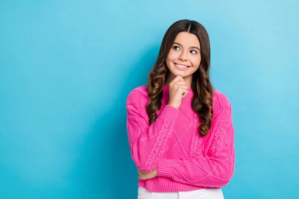 Photo Cute Smiling Satisfied Schoolgirl Wear Pink Knitted Jumper Touch — Foto de Stock