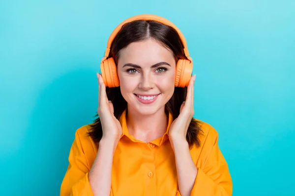 Photo Pretty Charming Lady Wear Orange Shirt Listening Songs Earphones — Stockfoto