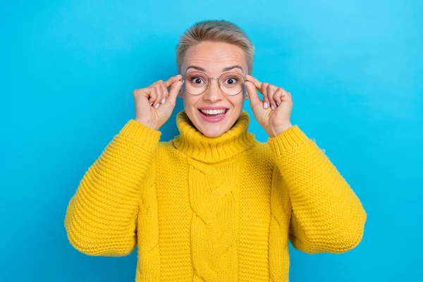 Photo Cheerful Positive Lady Fit New Glasses Rejoice Improvement Vision — Stock Fotó