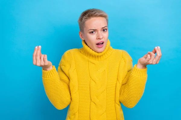 Photo Angry Upset Lady Wear Knit Sweater Rising Arms Asking — Stock Photo, Image