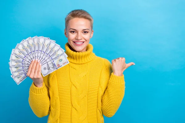 Photo Rich Business Lady Hold Her Stack Dollars Much Money — Stockfoto