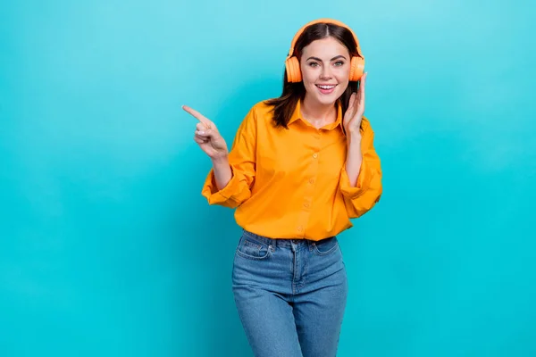Photo Pretty Cute Lady Wear Orange Shirt Listening Songs Pointing — Stock Photo, Image