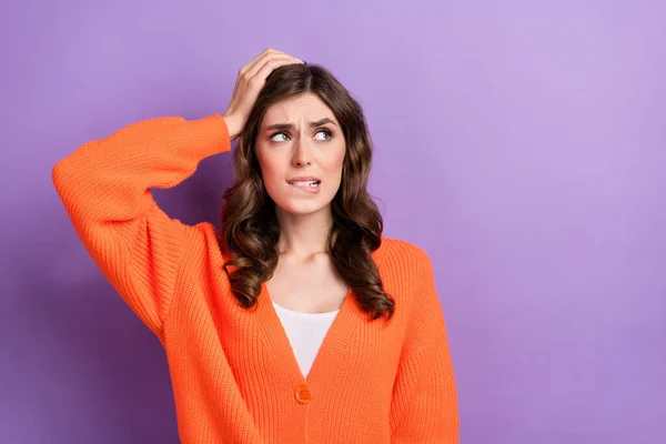 Photo Worried Nervous Lady Wear Orange Clothes Arm Head Look — Stock Fotó