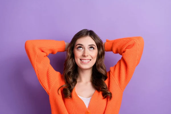 Portrait Pretty Positive Girl Arms Head Look Empty Space Isolated — Foto Stock