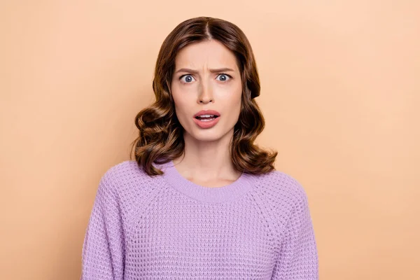 Photo Stressed Depressed Lady Wear Violet Clothes Impressed Negative Bad — Stock Photo, Image