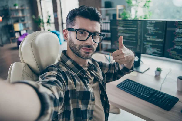 Photo Professional Smart Hacker Guy Sitting Chair Take Selfie Hand — Stockfoto