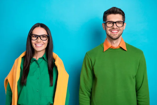 Photo Successful Scientists Two People Wearing Spectacles Isolated Blue Color — Stockfoto