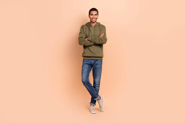 Full Length Photo Attractive Successful Man Wear New Collection Khaki — Stockfoto