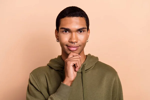 Photo Young Confident Serious Guy Smiling Touch Chin Wear Khaki —  Fotos de Stock