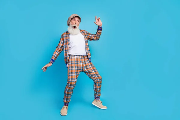 Full Length Photo Impressed Man Pensioner Wear Checkered Costume Clubbing — Foto de Stock