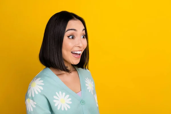 Portrait Funky Charming Excited Positive Girl Black Bob Hair Look — Stock Photo, Image